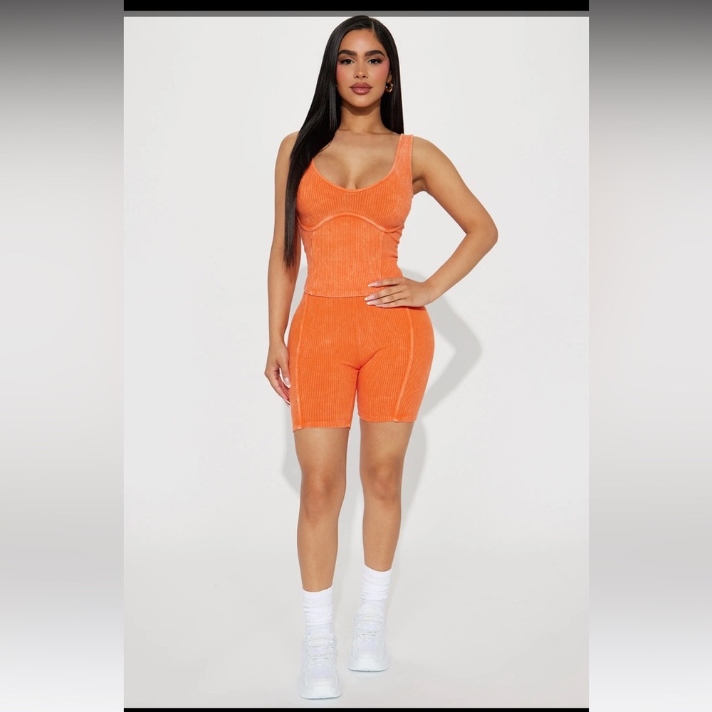 Fashion Nova Delaney Ribbed Short & Tank Top Athletic Set Orange Large Womens